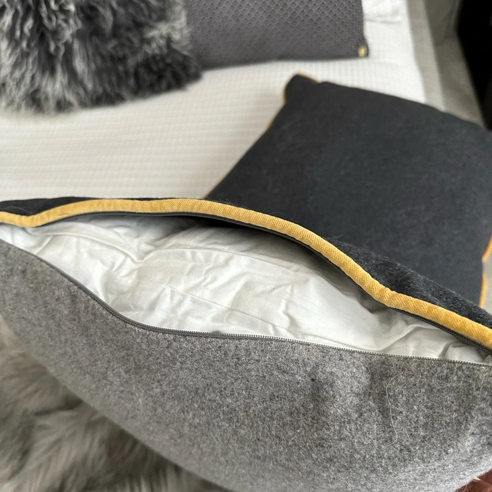West Elm Wool 2 sided Gray and Black Accent Pillows with Yellow Piping. $59 both